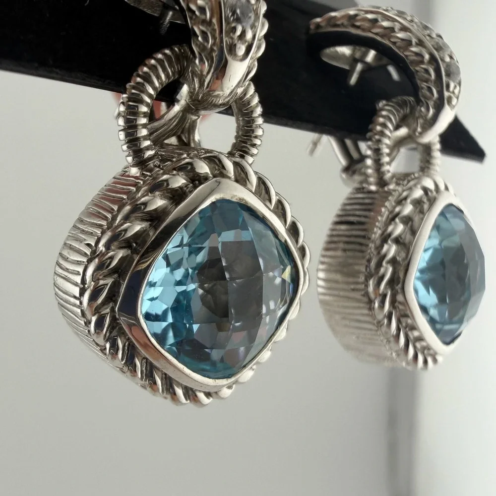 Judith Ripka 925 Sterling Silver Blue Topaz CZ Drop Earrings Fleur-de-Lis